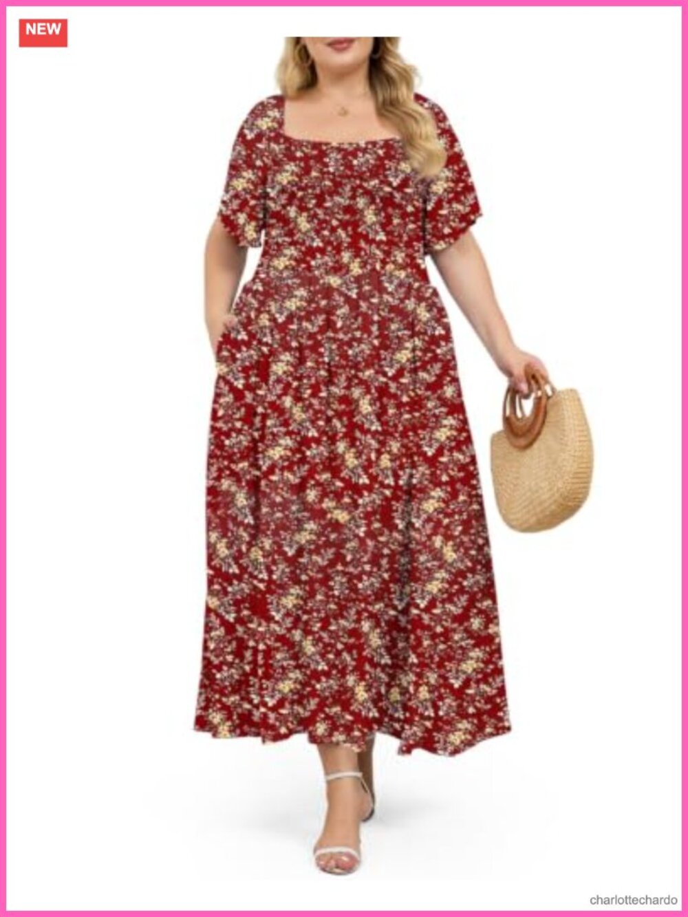 Plus Size Floral Maxi Cotton Dress Square Neck Flutter Sleeve Boho